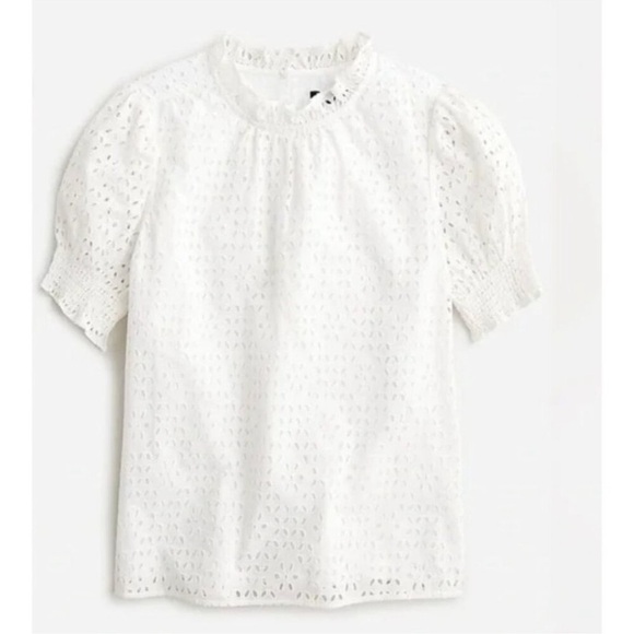 J Crew Smocked Puff Sleeve Top In Eyelet White Size Small Broderie Ruffle Smock - Picture 1 of 7